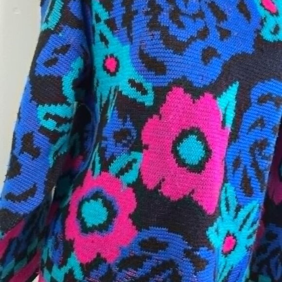 VTG 80s Reference Point Bold Floral Sweater SZ M Neon Magenta Boxy Retro Cosby - Picture 8 of 9